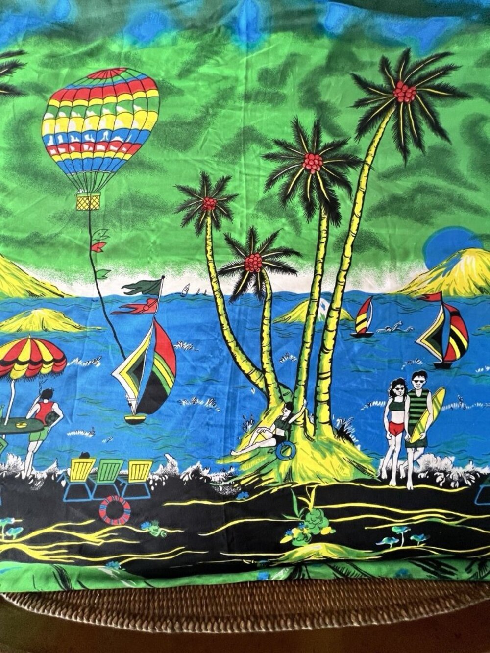 1990s Sarong Wrap Darling Beach Rapper 44 x 71 Palm Tree Hot Air Balloon Volcano